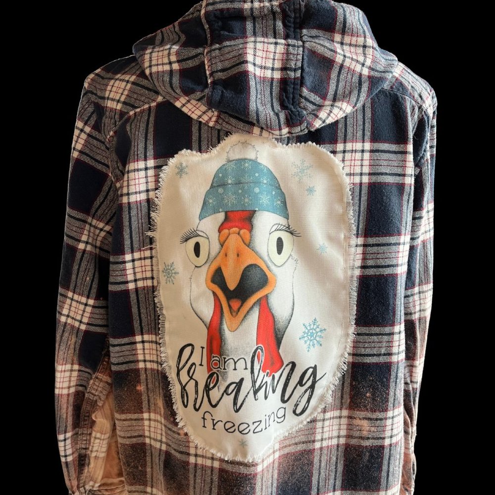 UP-CYCLED DISTRESSED BLUE, WHITE & RED FLANNEL HOODIE XL